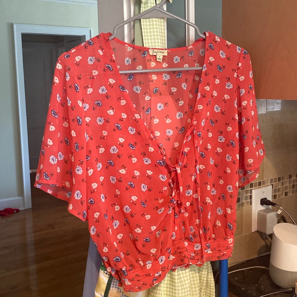 Hot pink and blue flowers blouse, size small